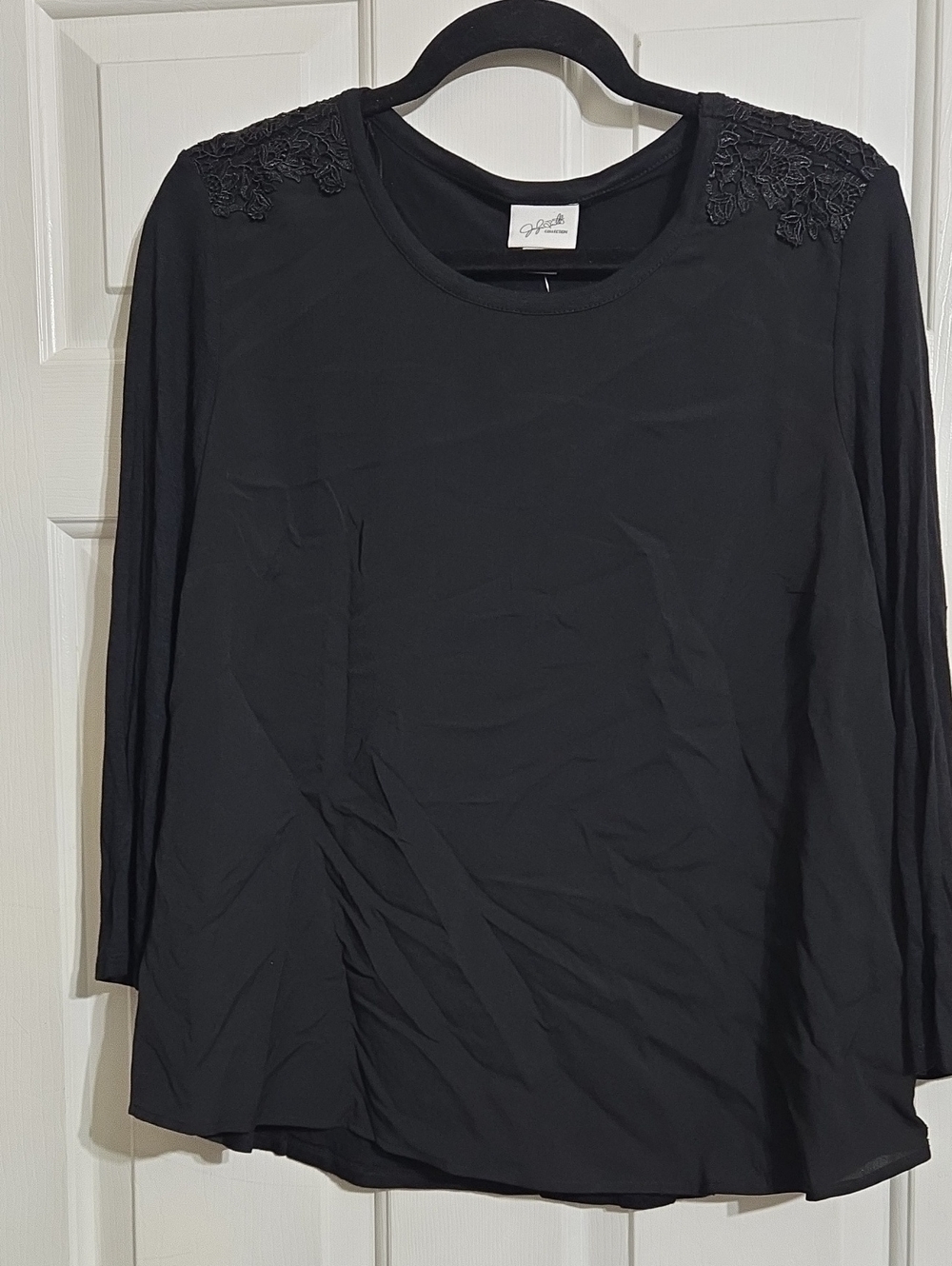 Jaclyn Smith Black Long Sleeve Tee with Lace Shoulder Detail